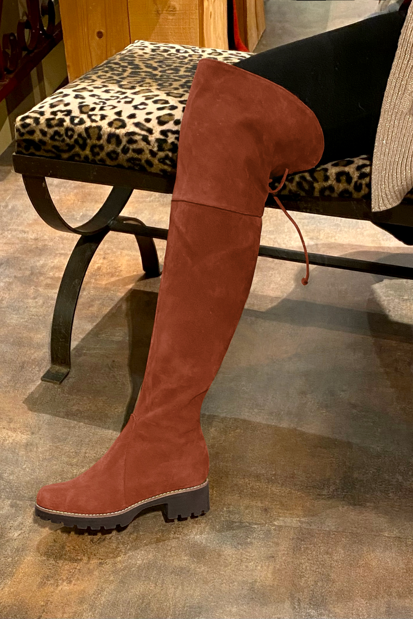 Terracotta orange women's leather thigh-high boots. Round toe. Low rubber soles. Made to measure. Worn view - Florence KOOIJMAN